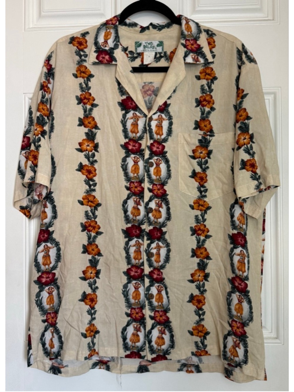 Men's Two Palms Vintage Hawaiian Hula Girl Casual Button Down Shirt L Beige